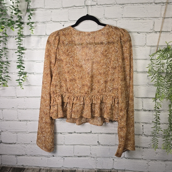 Tan Ruffled Peplum Blouse with Tie Front - Picture 2 of 6